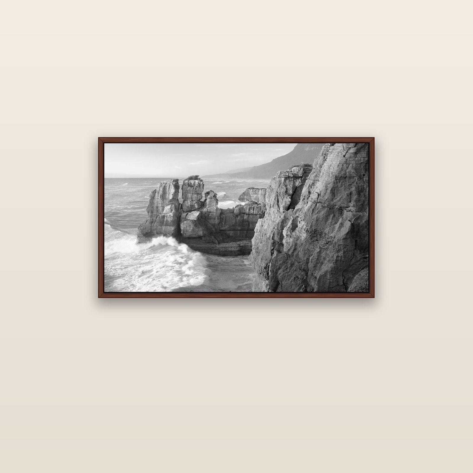 Punakaiki Sculptures, South Island — brown float frame canvas, 91 × 51 cm. New Zealand fine art landscape wall art by Stephen Milner.
