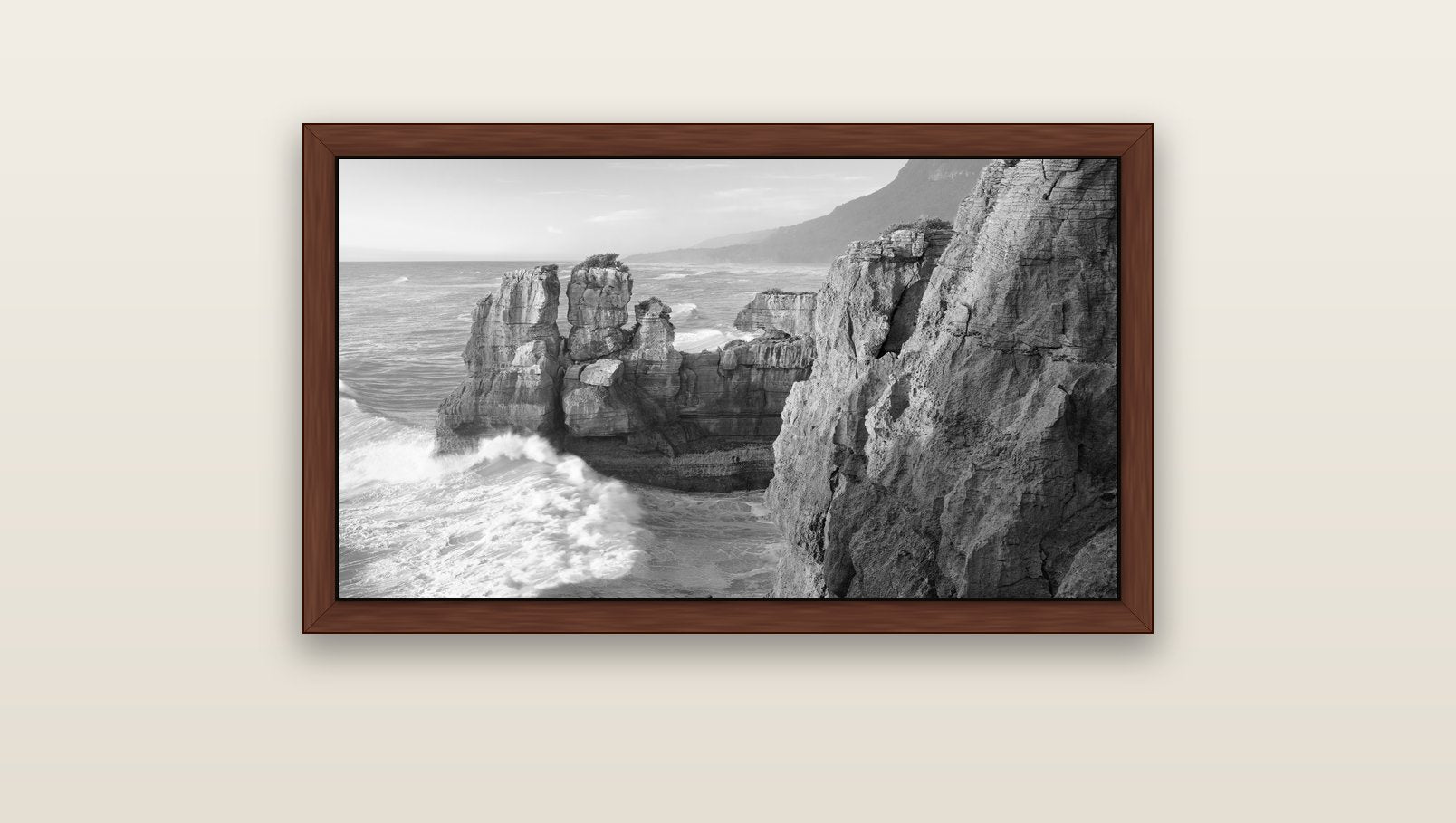 Punakaiki Sculptures, South Island — brown float frame canvas, 91 × 51 cm. New Zealand fine art landscape wall art by Stephen Milner.
