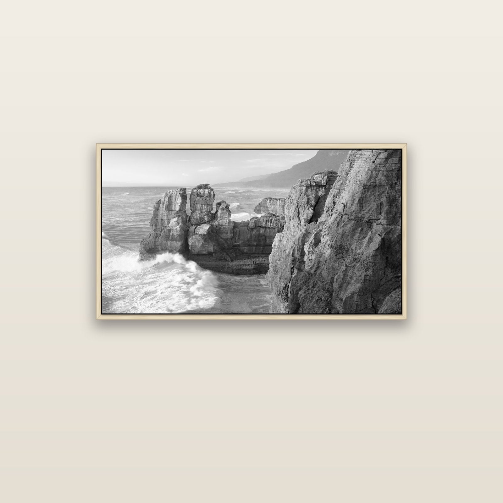 Punakaiki Sculptures, South Island — natural float frame canvas, 102 × 56 cm. New Zealand fine art landscape wall art by Stephen Milner.