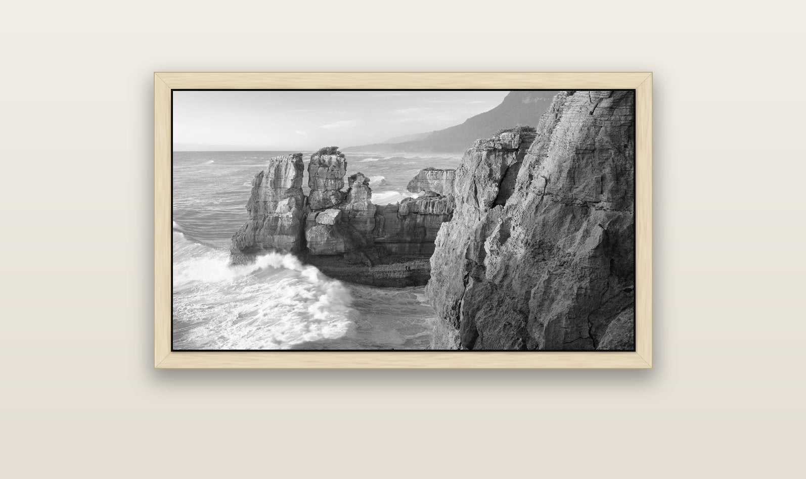 Punakaiki Sculptures, South Island — natural float frame canvas, 102 × 56 cm. New Zealand fine art landscape wall art by Stephen Milner.