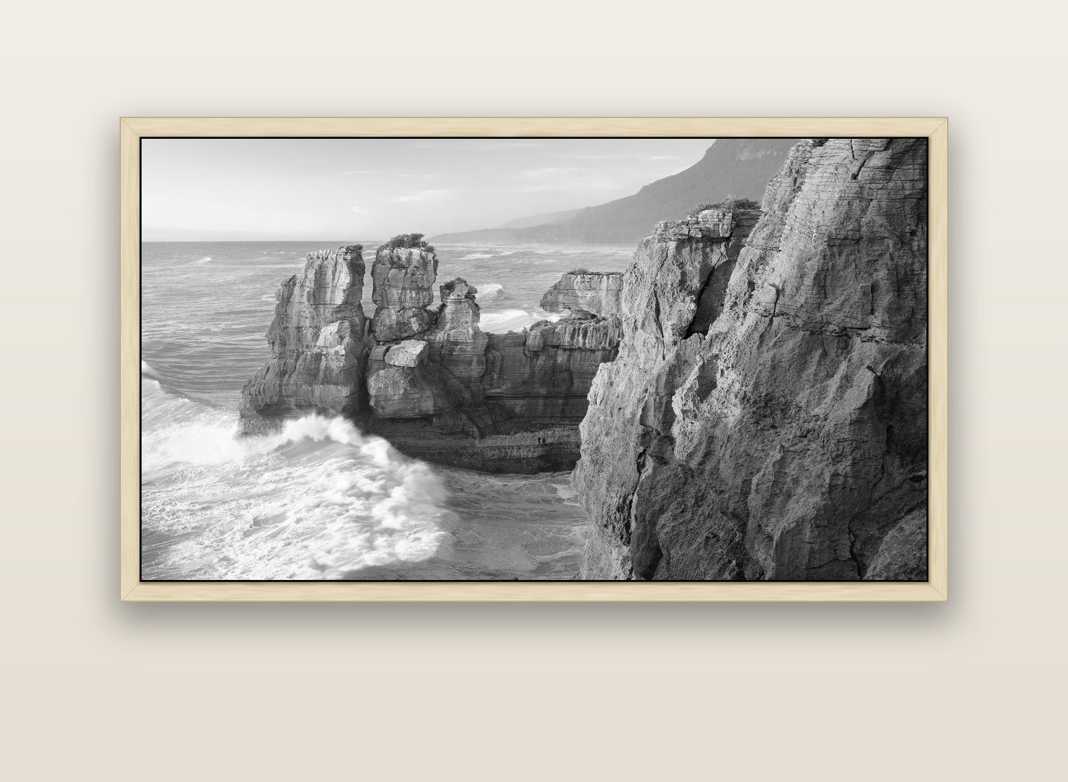 Punakaiki Sculptures, South Island — natural float frame canvas, 152 × 86 cm. New Zealand fine art landscape wall art by Stephen Milner.