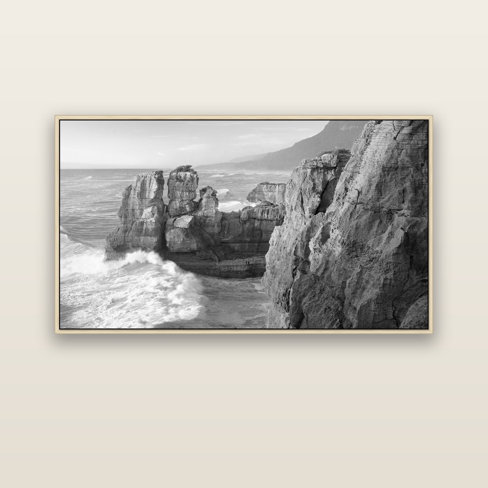 Punakaiki Sculptures, South Island — natural float frame canvas, 152 × 86 cm. New Zealand fine art landscape wall art by Stephen Milner.
