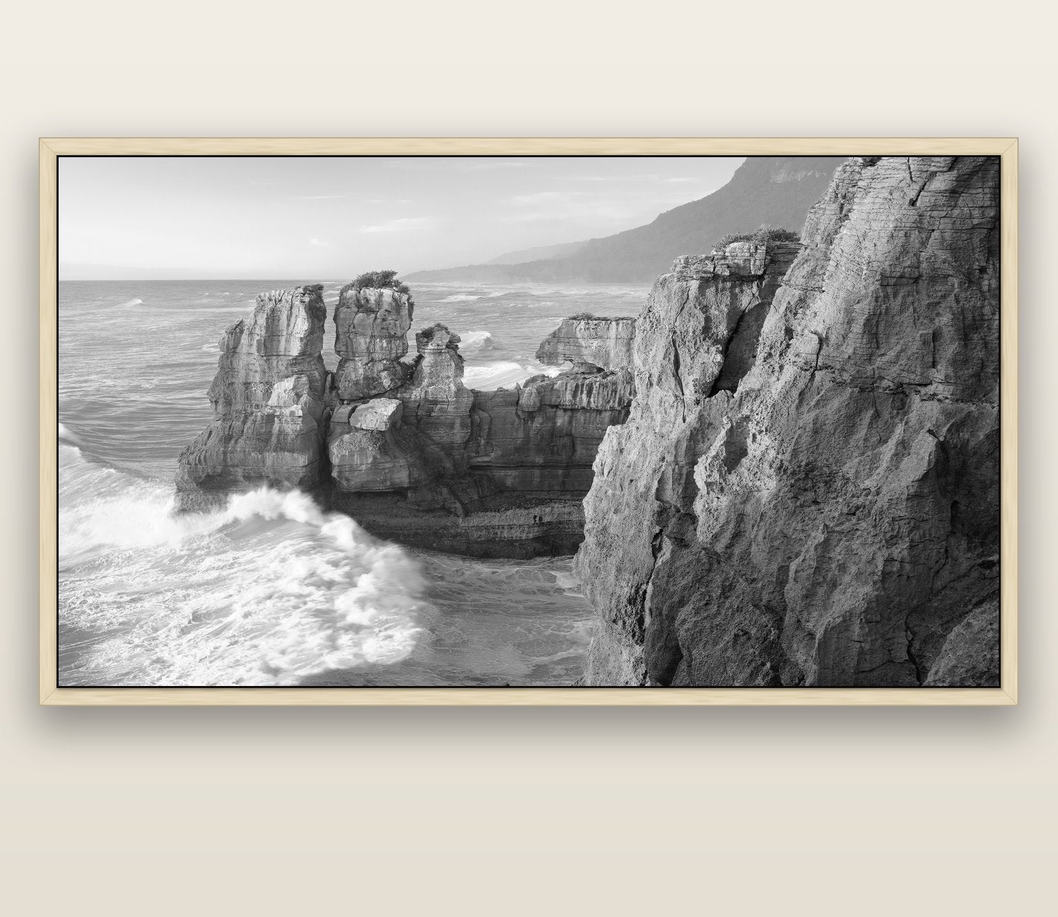 Punakaiki Sculptures, South Island — natural float frame canvas, 200 × 130 cm. New Zealand fine art landscape wall art by Stephen Milner.
