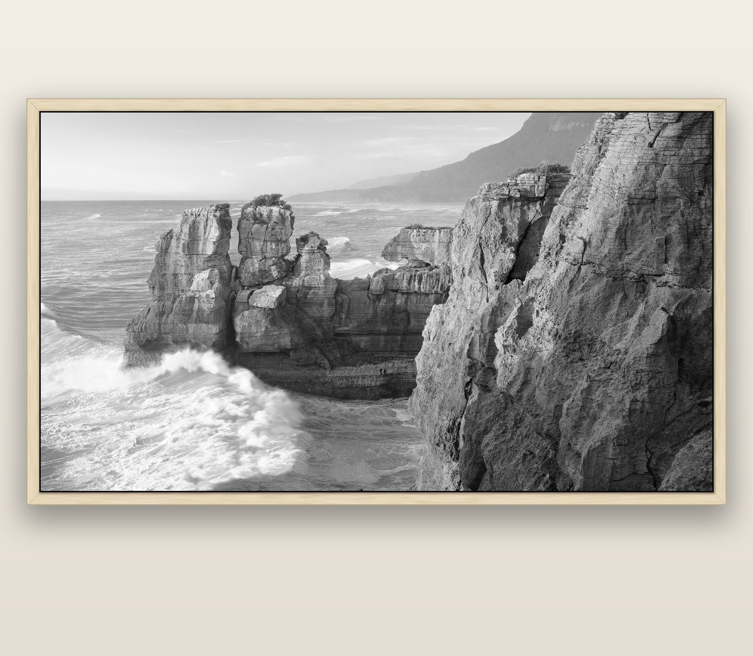 Punakaiki Sculptures, South Island — natural float frame canvas, 201 × 99 cm. New Zealand fine art landscape wall art by Stephen Milner.