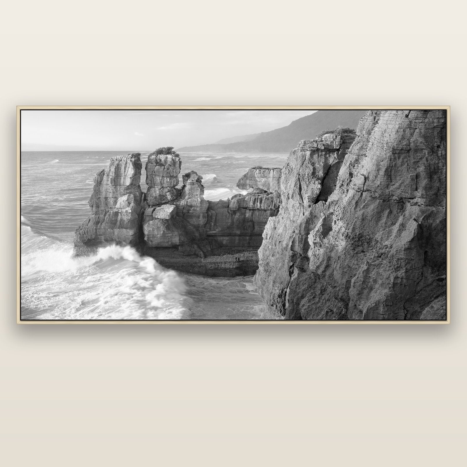 Punakaiki Sculptures, South Island — natural float frame canvas, 201 × 99 cm. New Zealand fine art landscape wall art by Stephen Milner.