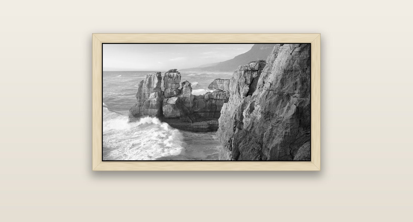 Punakaiki Sculptures, South Island — natural float frame canvas, 81 × 46 cm. New Zealand fine art landscape wall art by Stephen Milner.
