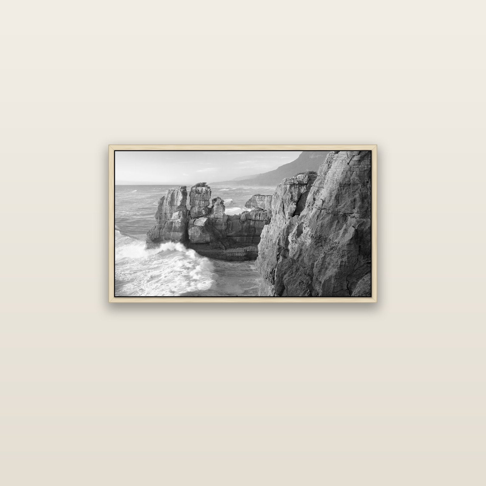 Punakaiki Sculptures, South Island — natural float frame canvas, 81 × 46 cm. New Zealand fine art landscape wall art by Stephen Milner.
