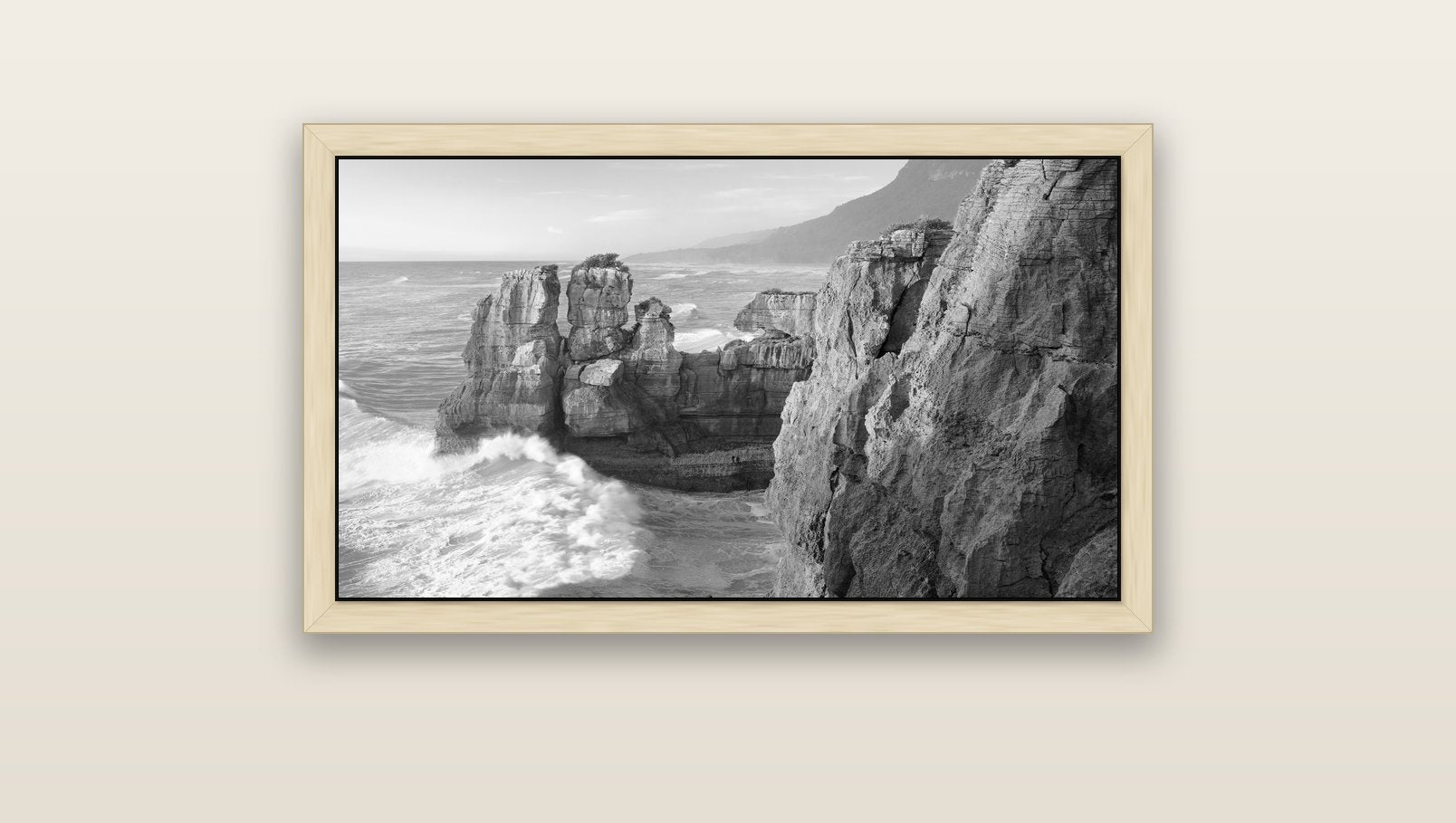Punakaiki Sculptures, South Island — natural float frame canvas, 91 × 51 cm. New Zealand fine art landscape wall art by Stephen Milner.