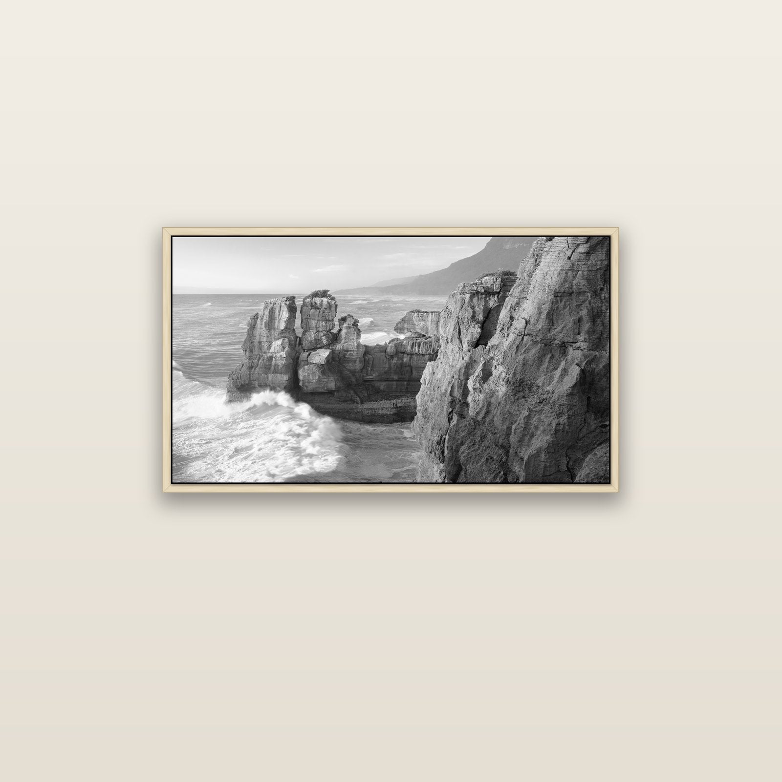 Punakaiki Sculptures, South Island — natural float frame canvas, 91 × 51 cm. New Zealand fine art landscape wall art by Stephen Milner.
