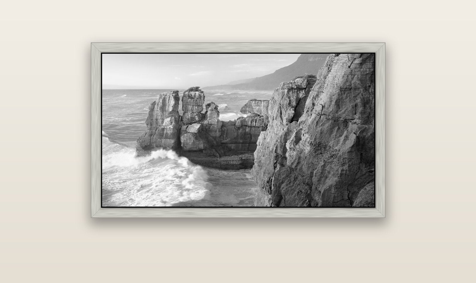 Punakaiki Sculptures, South Island — silver float frame canvas, 102 × 56 cm. New Zealand fine art landscape wall art by Stephen Milner.