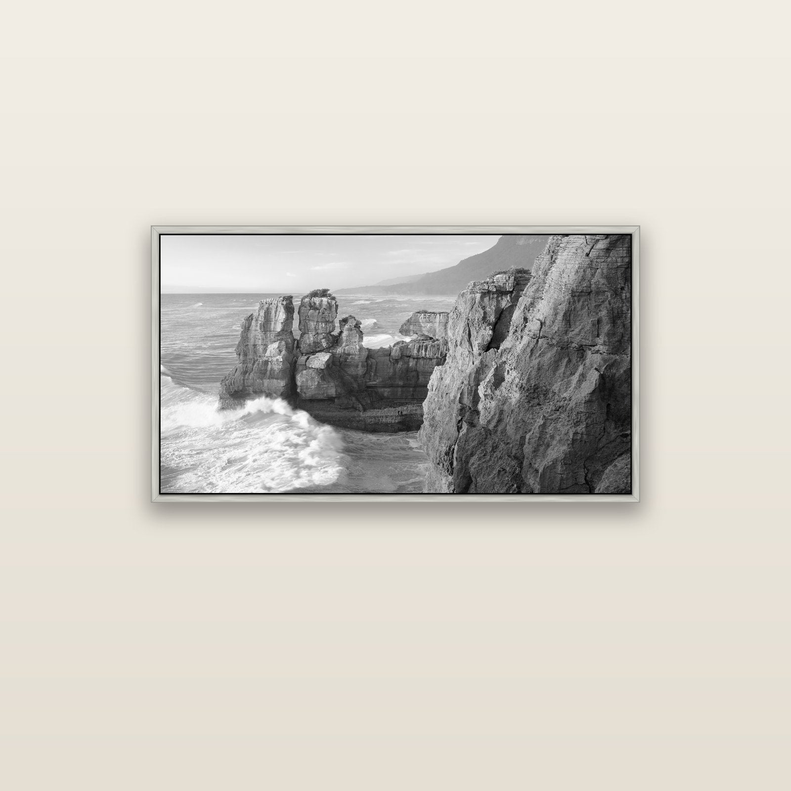 Punakaiki Sculptures, South Island — silver float frame canvas, 102 × 56 cm. New Zealand fine art landscape wall art by Stephen Milner.