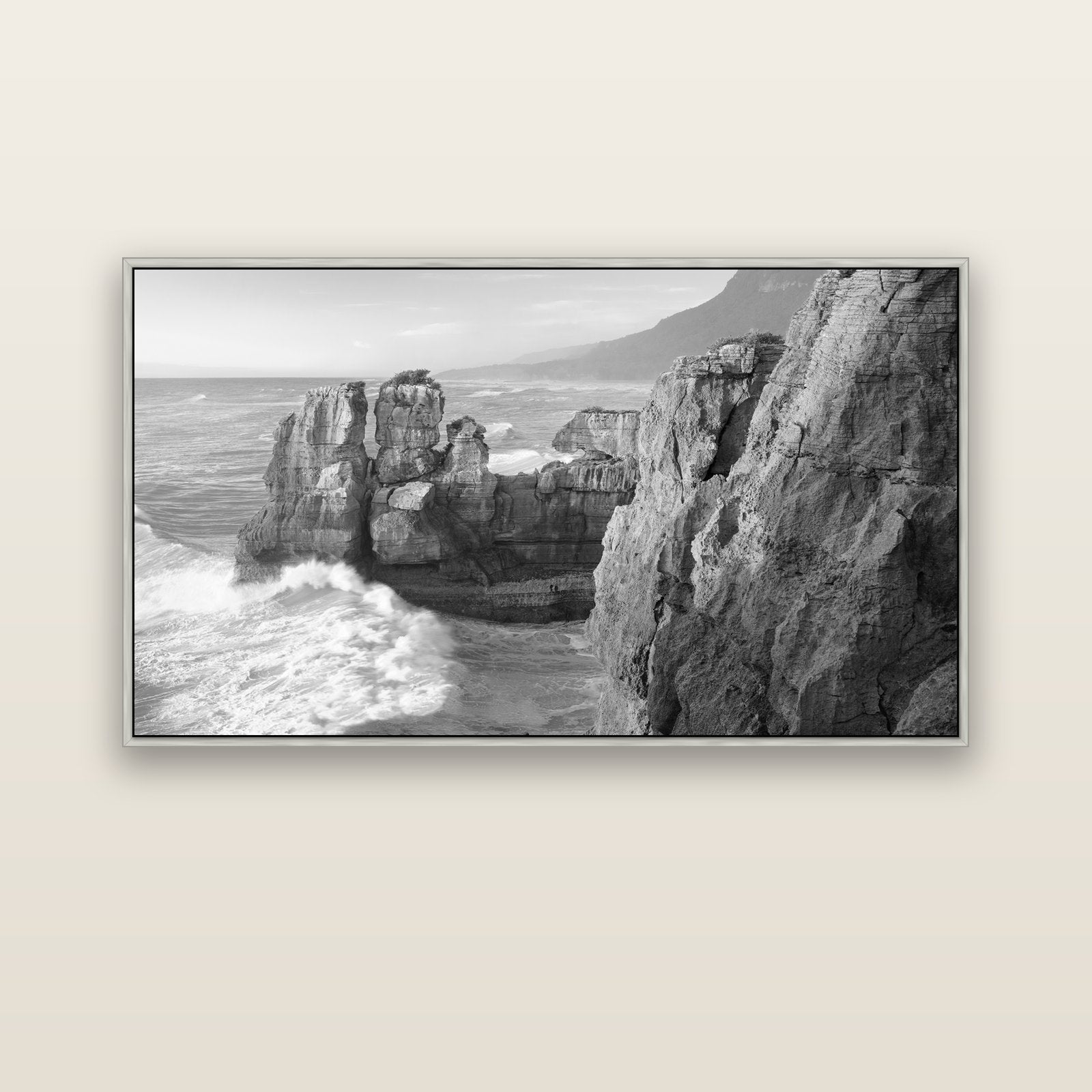 Punakaiki Sculptures, South Island — silver float frame canvas, 152 × 86 cm. New Zealand fine art landscape wall art by Stephen Milner.