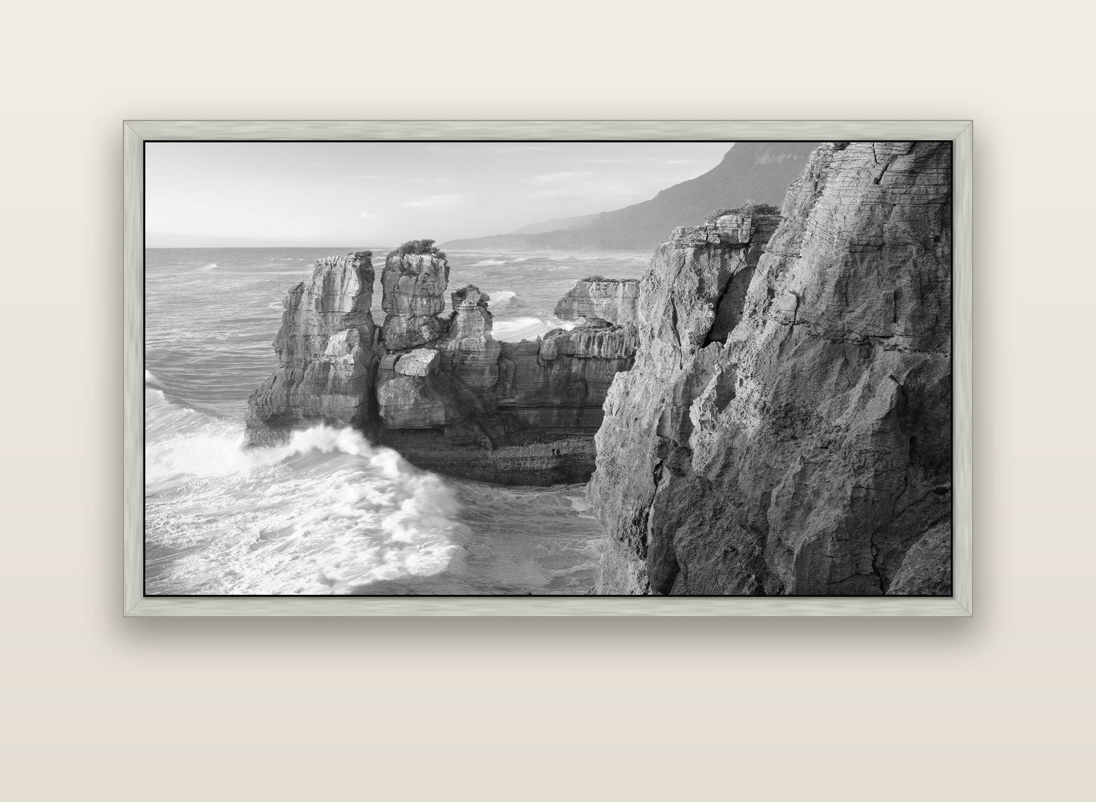 Punakaiki Sculptures, South Island — silver float frame canvas, 152 × 86 cm. New Zealand fine art landscape wall art by Stephen Milner.