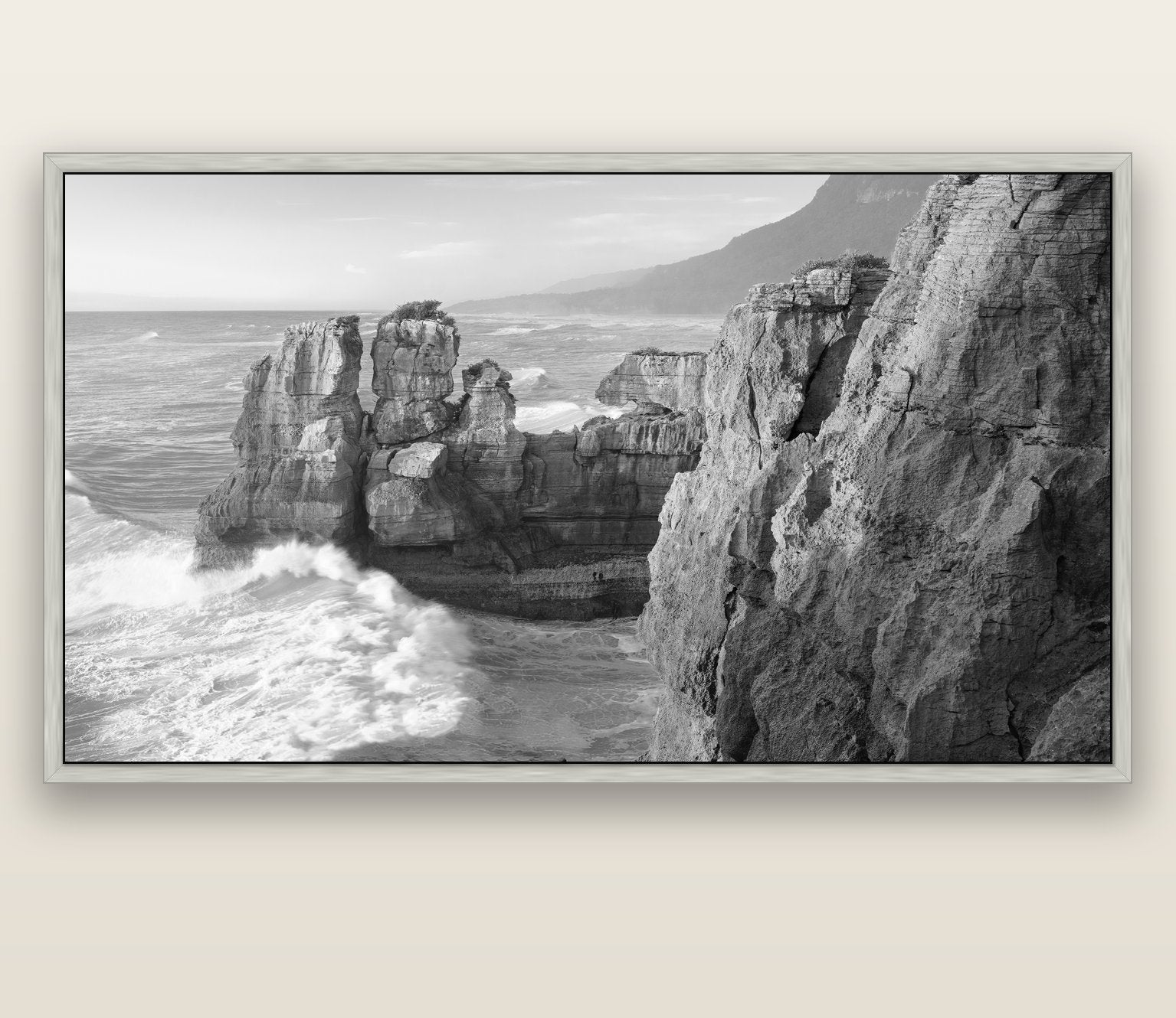 Punakaiki Sculptures, South Island — silver float frame canvas, 200 × 130 cm. New Zealand fine art landscape wall art by Stephen Milner.