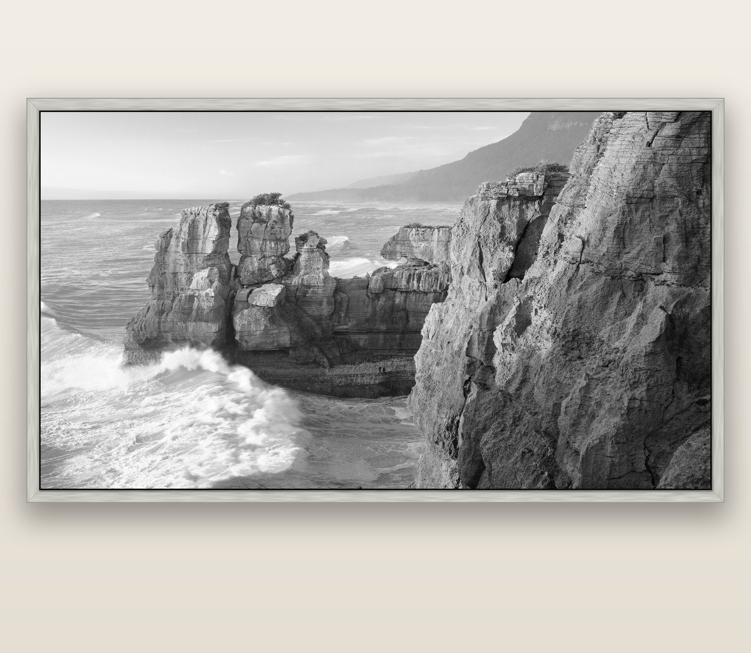 Punakaiki Sculptures, South Island — silver float frame canvas, 201 × 99 cm. New Zealand fine art landscape wall art by Stephen Milner.