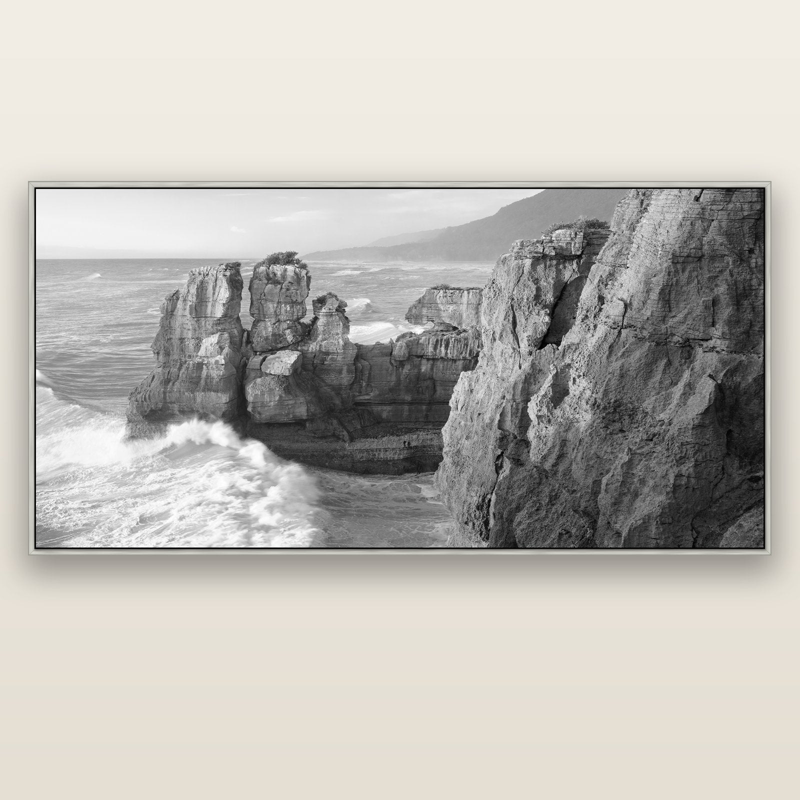 Punakaiki Sculptures, South Island — silver float frame canvas, 201 × 99 cm. New Zealand fine art landscape wall art by Stephen Milner.