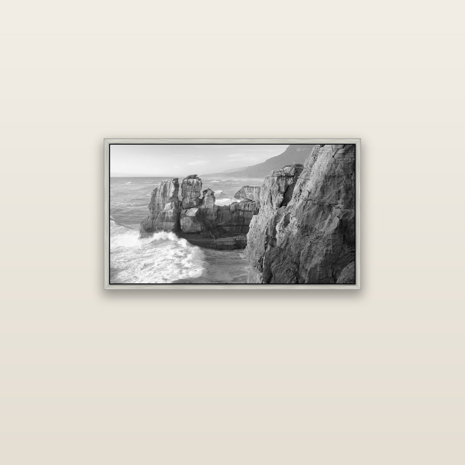 Punakaiki Sculptures, South Island — silver float frame canvas, 81 × 46 cm. New Zealand fine art landscape wall art by Stephen Milner.