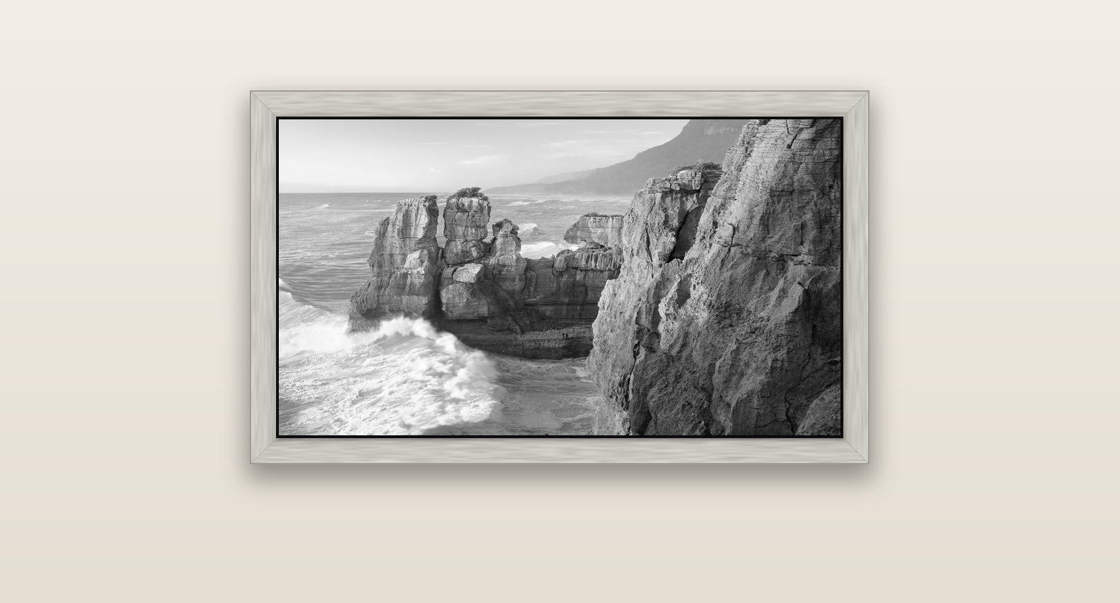 Punakaiki Sculptures, South Island — silver float frame canvas, 81 × 46 cm. New Zealand fine art landscape wall art by Stephen Milner.