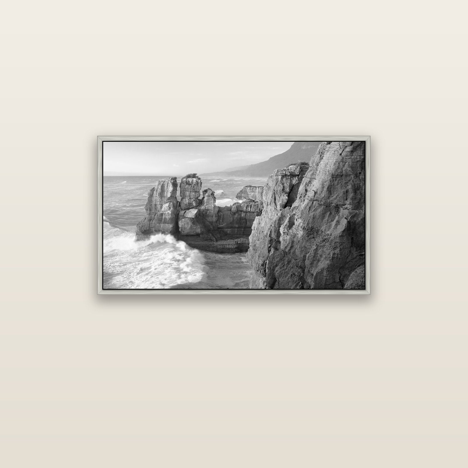 Punakaiki Sculptures, South Island — silver float frame canvas, 91 × 51 cm. New Zealand fine art landscape wall art by Stephen Milner.