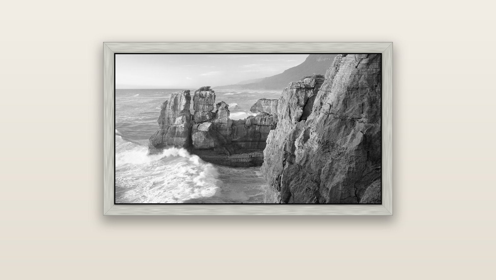 Punakaiki Sculptures, South Island — silver float frame canvas, 91 × 51 cm. New Zealand fine art landscape wall art by Stephen Milner.