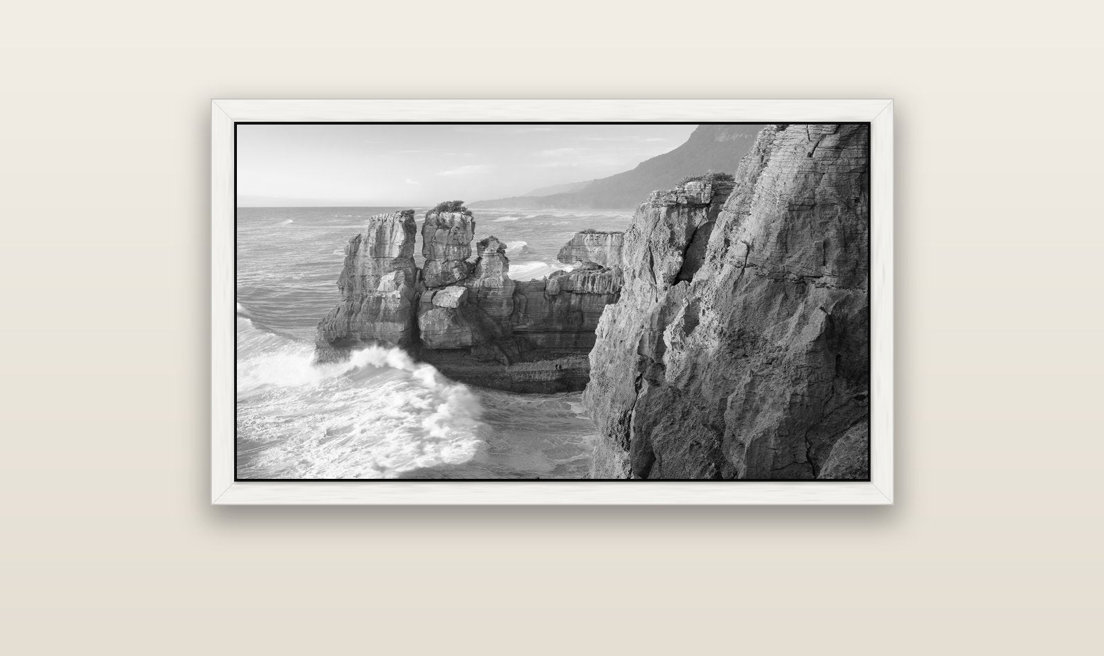 Punakaiki Sculptures, South Island — white float frame canvas, 102 × 56 cm. New Zealand fine art landscape wall art by Stephen Milner.