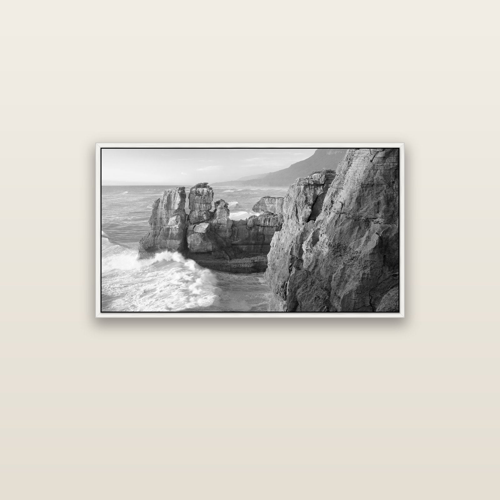 Punakaiki Sculptures, South Island — white float frame canvas, 102 × 56 cm. New Zealand fine art landscape wall art by Stephen Milner.