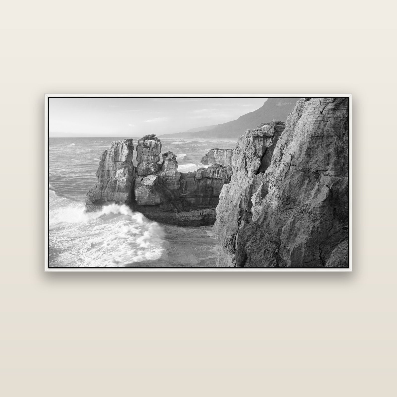 Punakaiki Sculptures, South Island — white float frame canvas, 152 × 86 cm. New Zealand fine art landscape wall art by Stephen Milner.