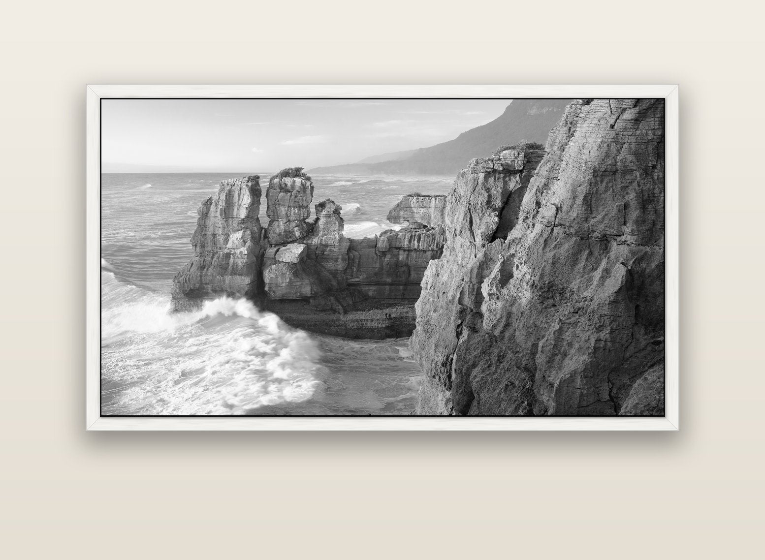Punakaiki Sculptures, South Island — white float frame canvas, 152 × 86 cm. New Zealand fine art landscape wall art by Stephen Milner.