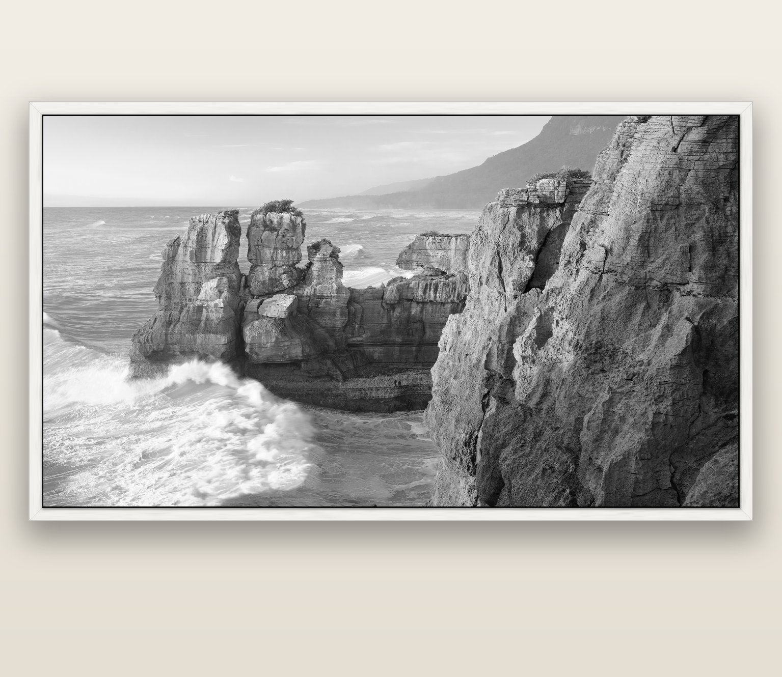 Punakaiki Sculptures, South Island — white float frame canvas, 200 × 130 cm. New Zealand fine art landscape wall art by Stephen Milner.