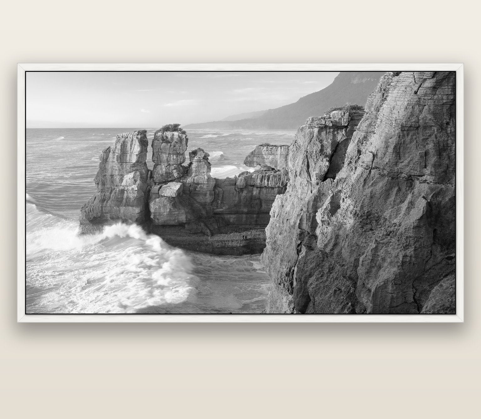 Punakaiki Sculptures, South Island — white float frame canvas, 201 × 99 cm. New Zealand fine art landscape wall art by Stephen Milner.
