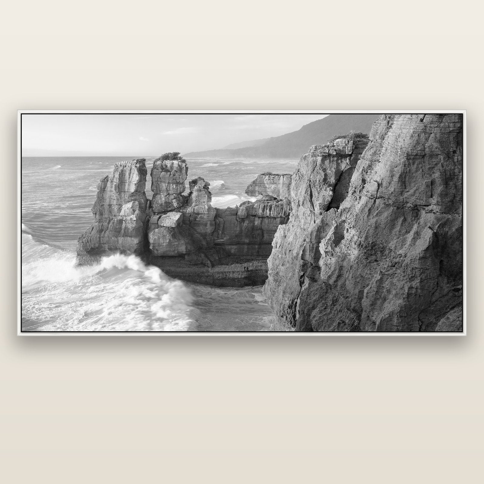Punakaiki Sculptures, South Island — white float frame canvas, 201 × 99 cm. New Zealand fine art landscape wall art by Stephen Milner.
