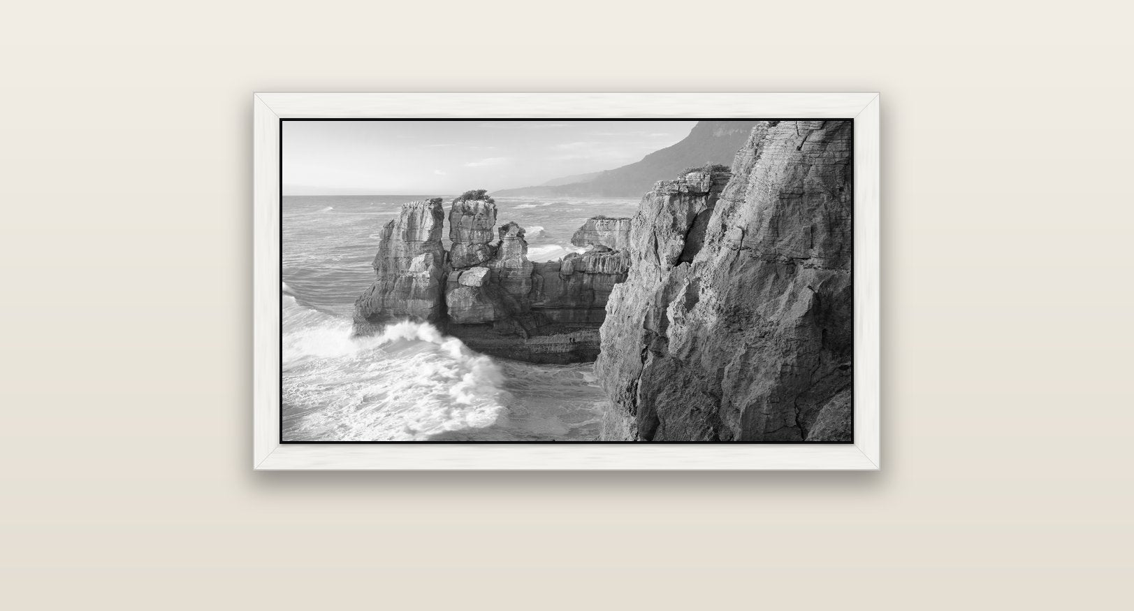 Punakaiki Sculptures, South Island — white float frame canvas, 81 × 46 cm. New Zealand fine art landscape wall art by Stephen Milner.