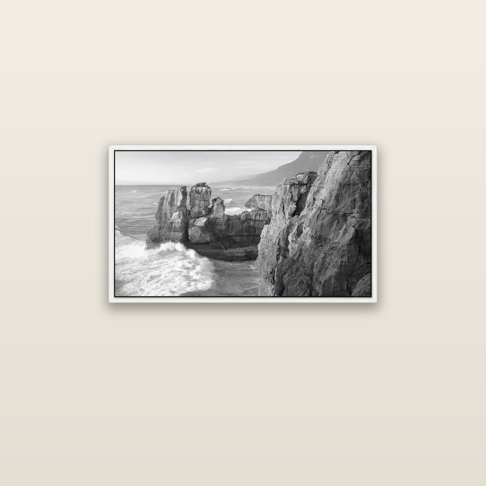 Punakaiki Sculptures, South Island — white float frame canvas, 81 × 46 cm. New Zealand fine art landscape wall art by Stephen Milner.