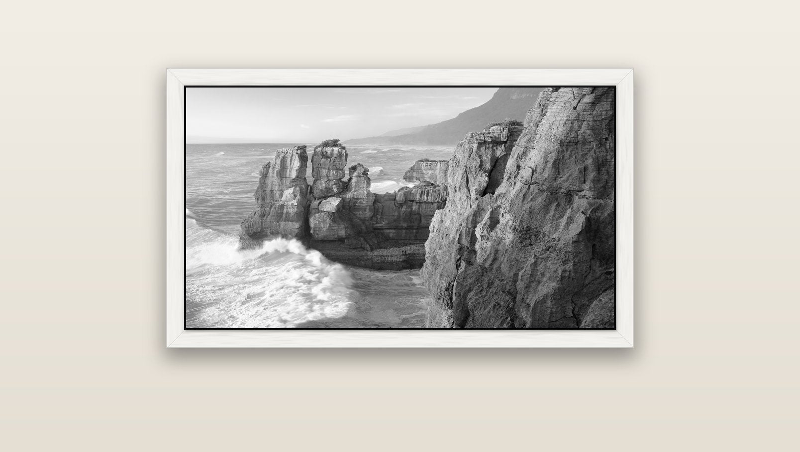 Punakaiki Sculptures, South Island — white float frame canvas, 91 × 51 cm. New Zealand fine art landscape wall art by Stephen Milner.