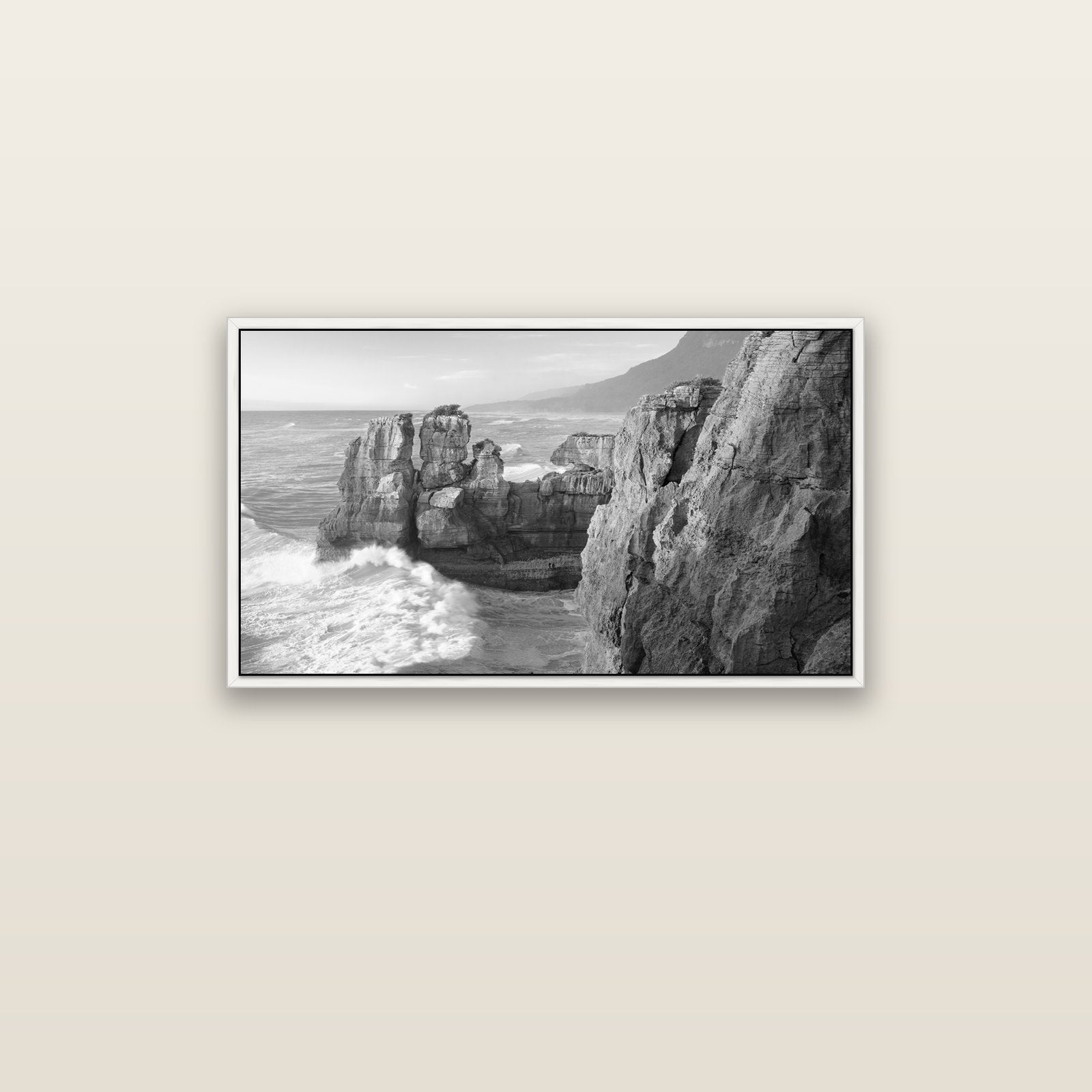 Punakaiki Sculptures, South Island — white float frame canvas, 91 × 51 cm. New Zealand fine art landscape wall art by Stephen Milner.