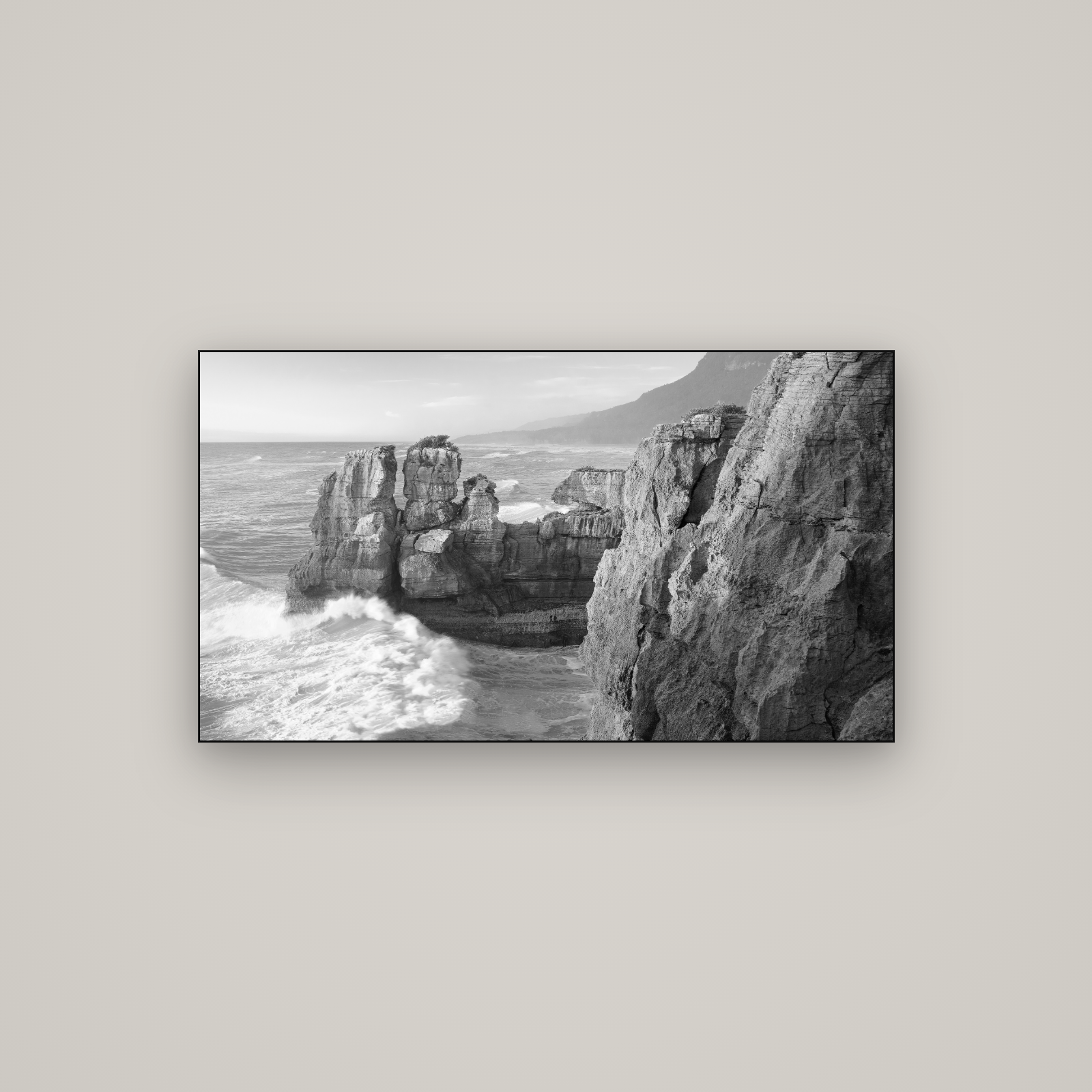 Punakaiki Sculptures, South Island — Slimline Black, 107×60 cm. New Zealand fine art wall art by Stephen Milner.
