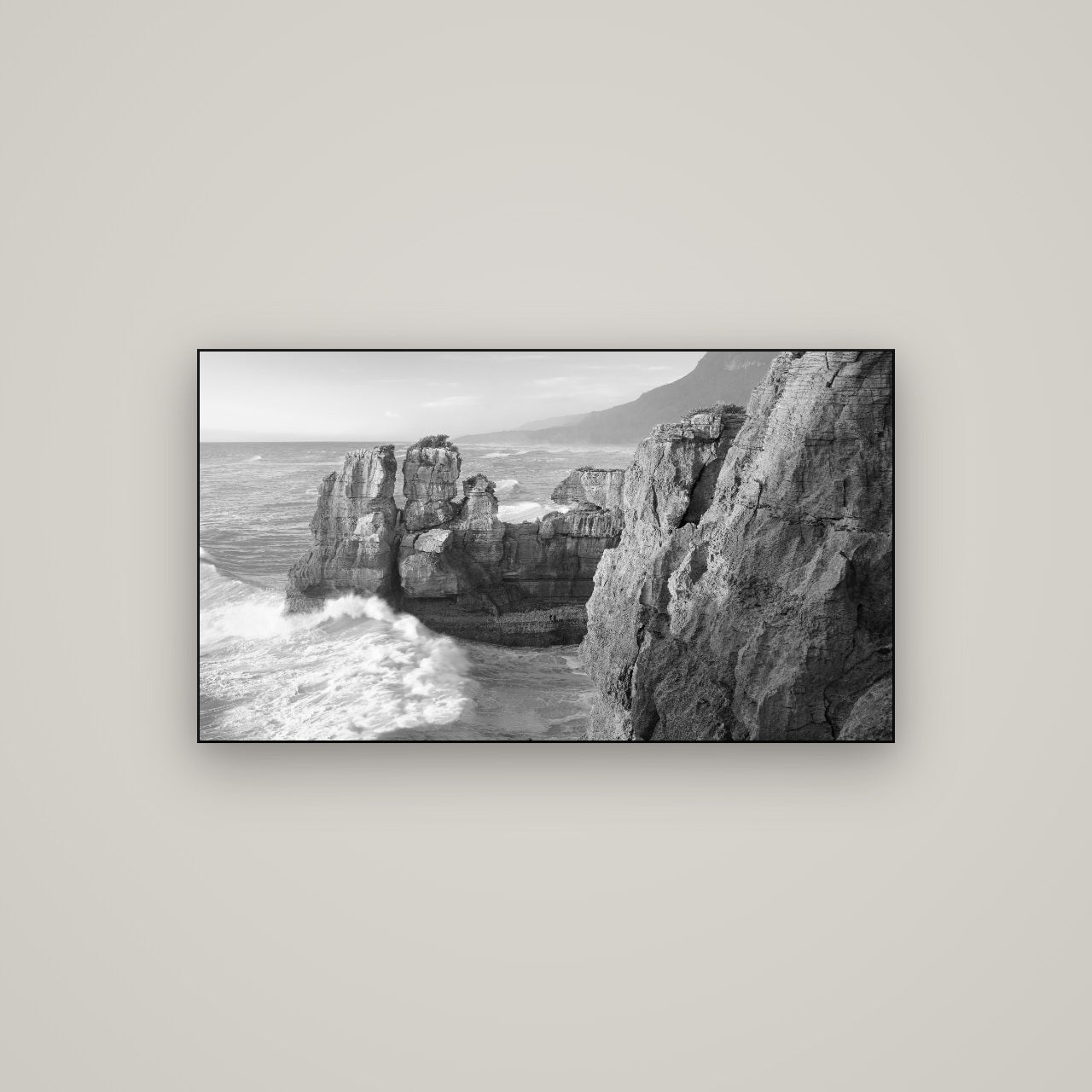 Punakaiki Sculptures, South Island — Slimline Black, 107×60 cm. New Zealand fine art wall art by Stephen Milner.