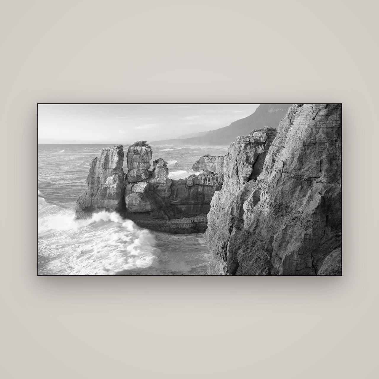 Punakaiki Sculptures, South Island — Slimline Black, 160×90 cm. New Zealand fine art wall art by Stephen Milner.