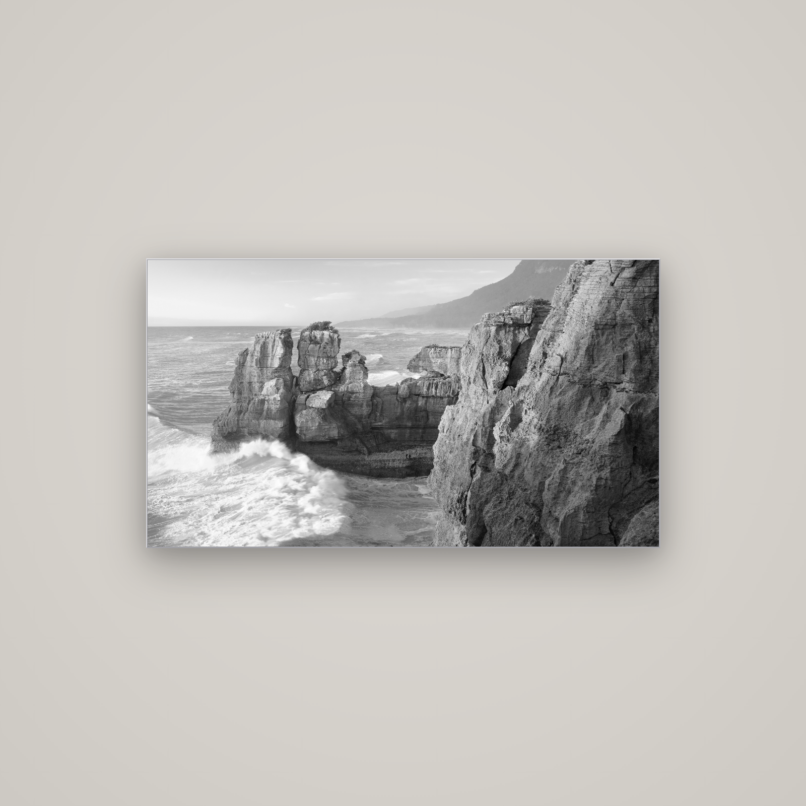 Punakaiki Sculptures, South Island — Slimline Silver, 107×60 cm. New Zealand fine art wall art by Stephen Milner.
