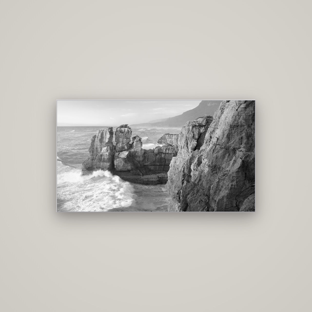 Punakaiki Sculptures, South Island — Slimline Silver, 107×60 cm. New Zealand fine art wall art by Stephen Milner.