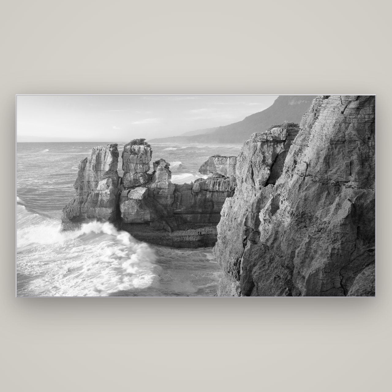 Punakaiki Sculptures, South Island — Slimline Silver, 196×110 cm. New Zealand fine art wall art by Stephen Milner.