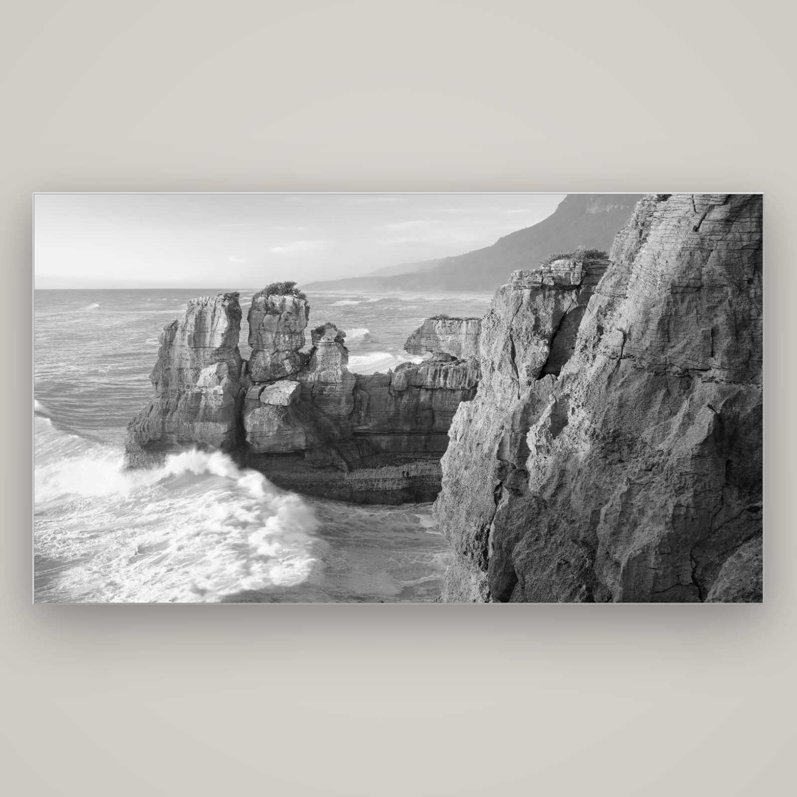 Punakaiki Sculptures, South Island — Slimline Silver, 196×110 cm. New Zealand fine art wall art by Stephen Milner.