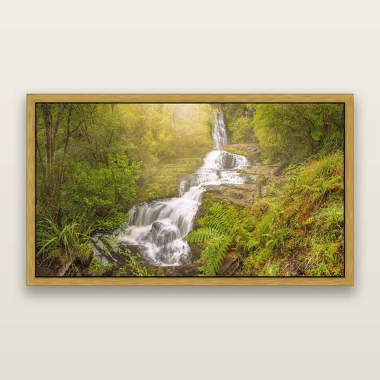 Radiance of Nature, McLean Falls — framed metallic canvas print, Antique Gold frame. New Zealand fine art landscape wall art by Stephen Milner.