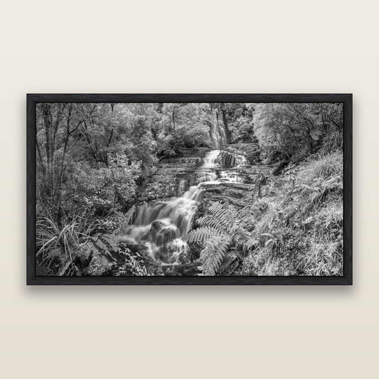 Radiance of Nature, McLean Falls, black and white framed metallic canvas print, Black frame. New Zealand fine art wall art by Stephen Milner.