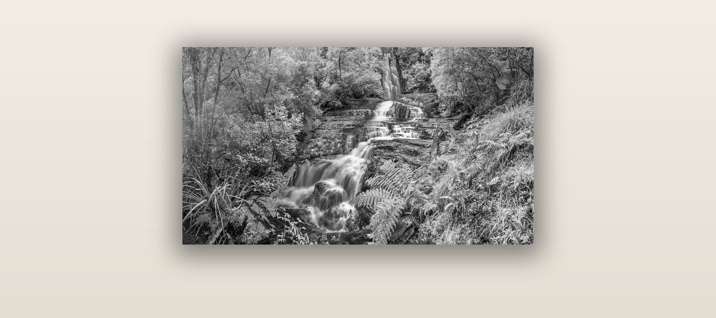 Radiance of Nature, McLean Falls — acrylic glass print, 61 × 30 cm. New Zealand fine art landscape wall art by Stephen Milner.