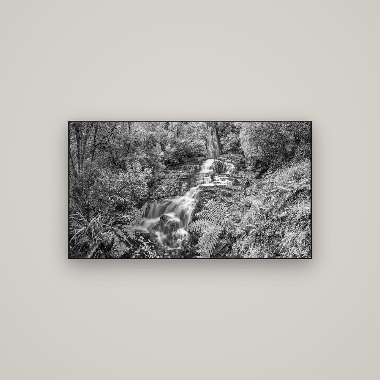 Radiance of Nature, McLean Falls — ArtBox Black, 107×60 cm. New Zealand fine art wall art by Stephen Milner.