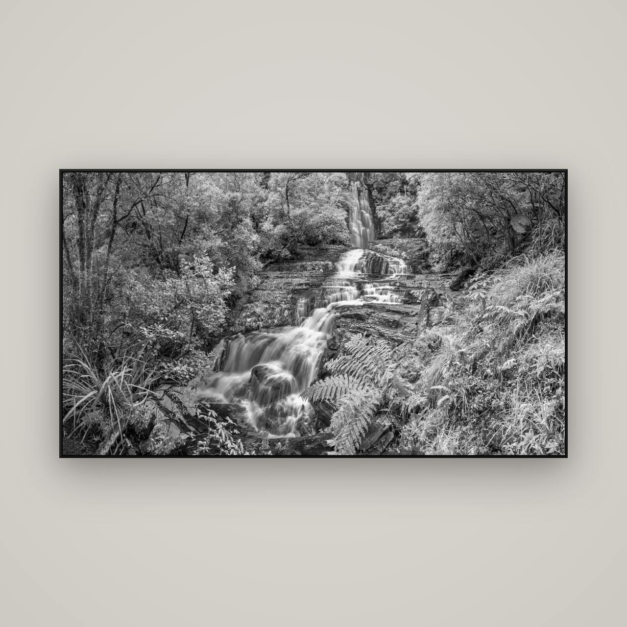 Radiance of Nature, McLean Falls — ArtBox Black, 160×90 cm. New Zealand fine art wall art by Stephen Milner.