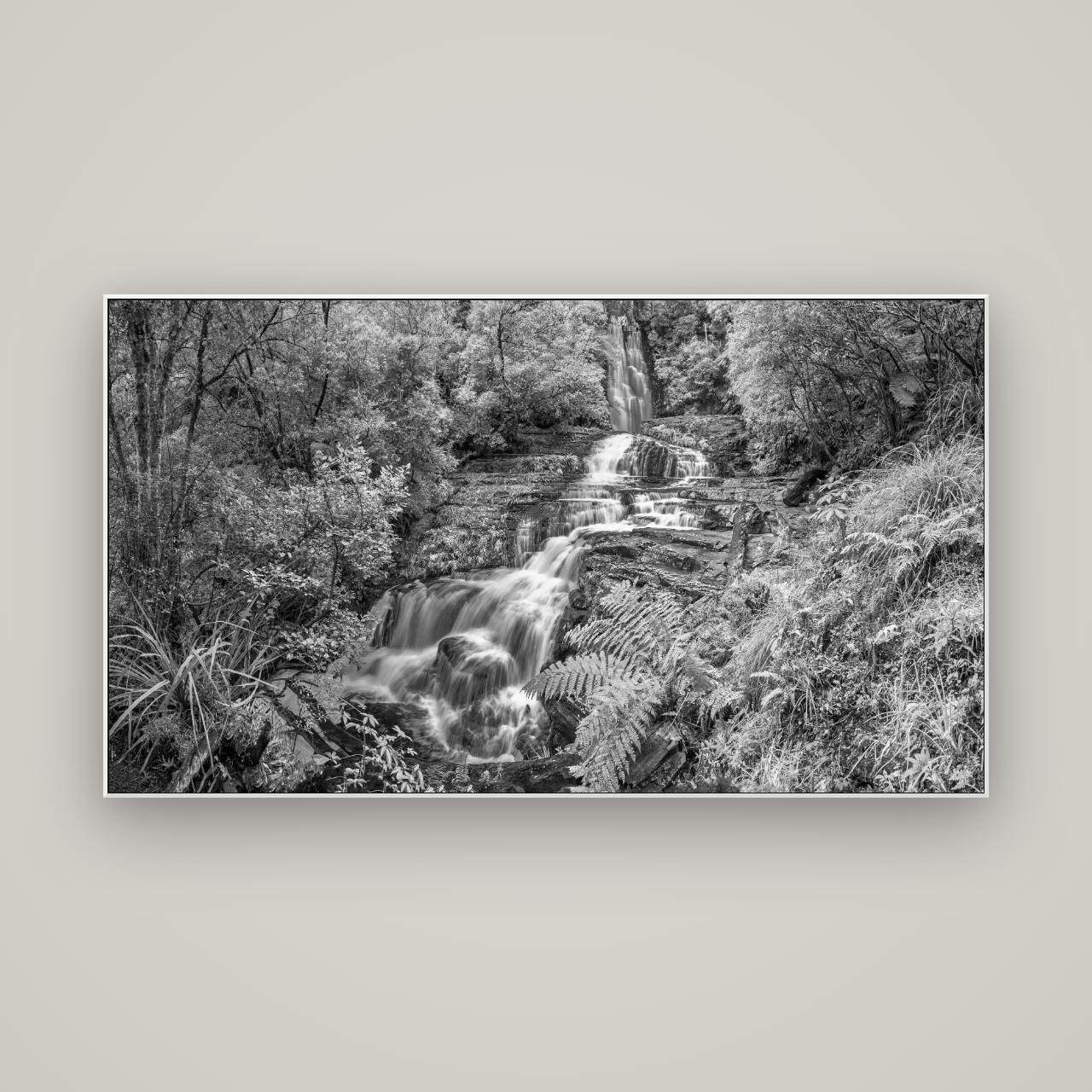 Radiance of Nature, McLean Falls — ArtBox White, 160×90 cm. New Zealand fine art wall art by Stephen Milner.