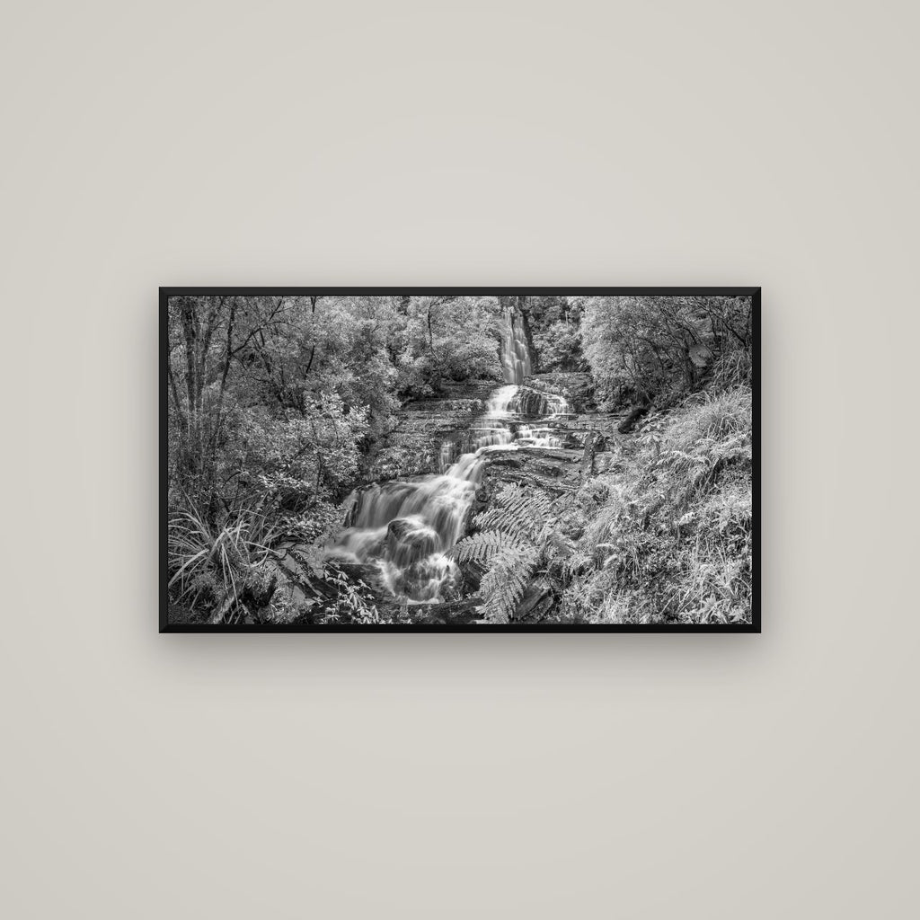 Radiance of Nature, McLean Falls — Basel Black Matte, 107×60 cm. New Zealand fine art wall art by Stephen Milner.