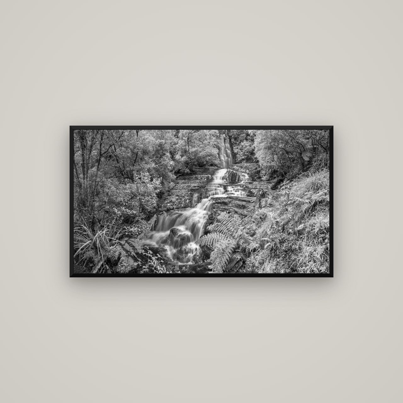 Radiance of Nature, McLean Falls — Basel Black, 107×60 cm. New Zealand fine art wall art by Stephen Milner.